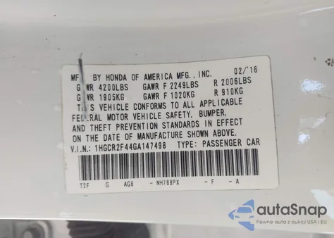 2016 Honda Accord Lx from USA, damaged, VIN 1HGCR2F44GA147498